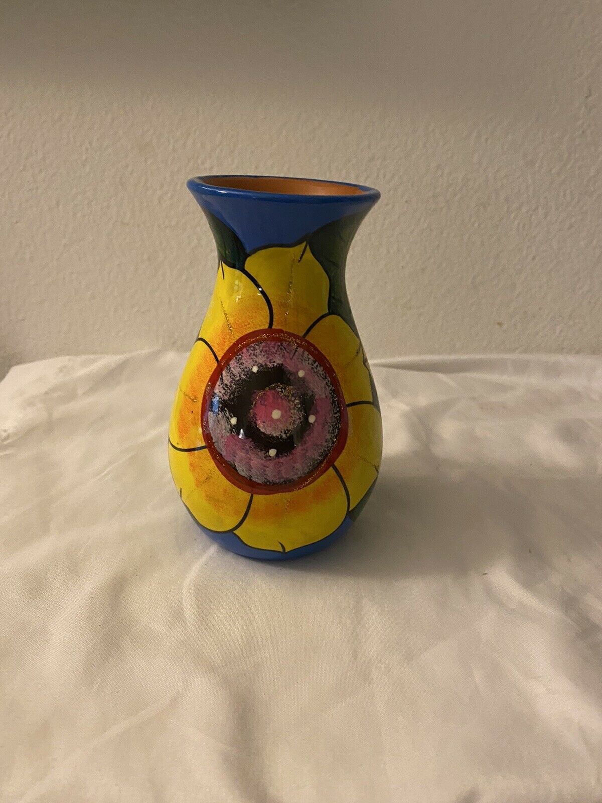 Primary image for Hand Painted Clay Blue Pottery Vase Floral Yellow Orange Floral Bold