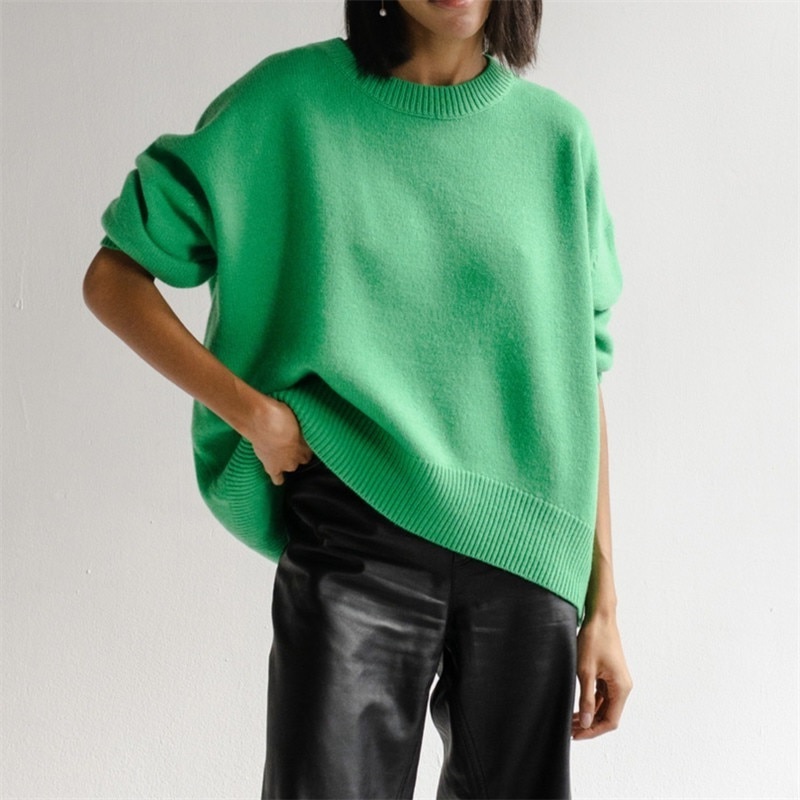 New green knit round neck oversized women sweater knitted pullover jumper