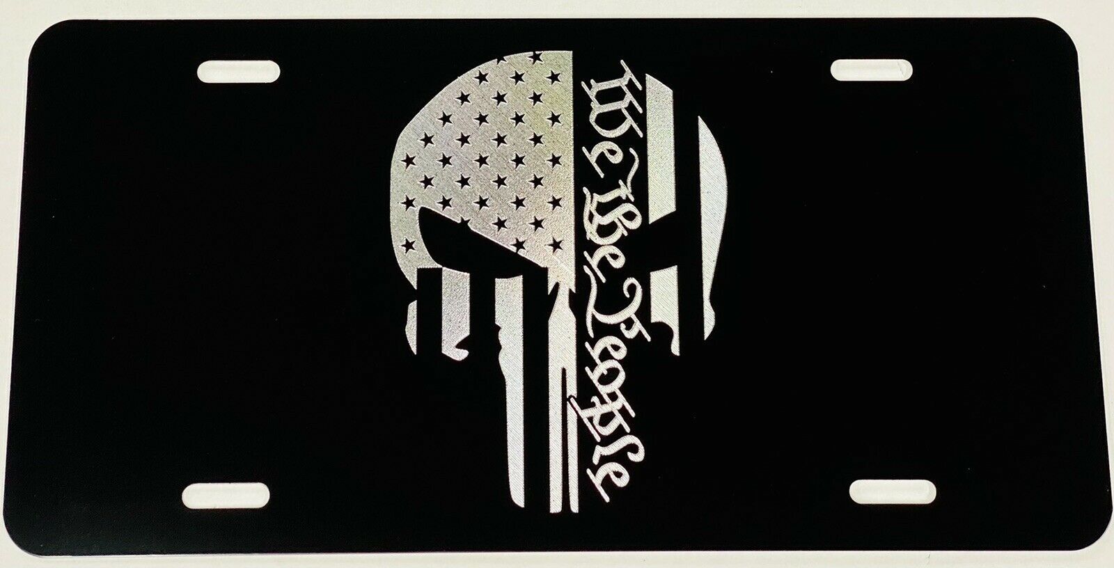 We The People Punisher Car Tag Engraved Gloss Black Silver Etched License Plate