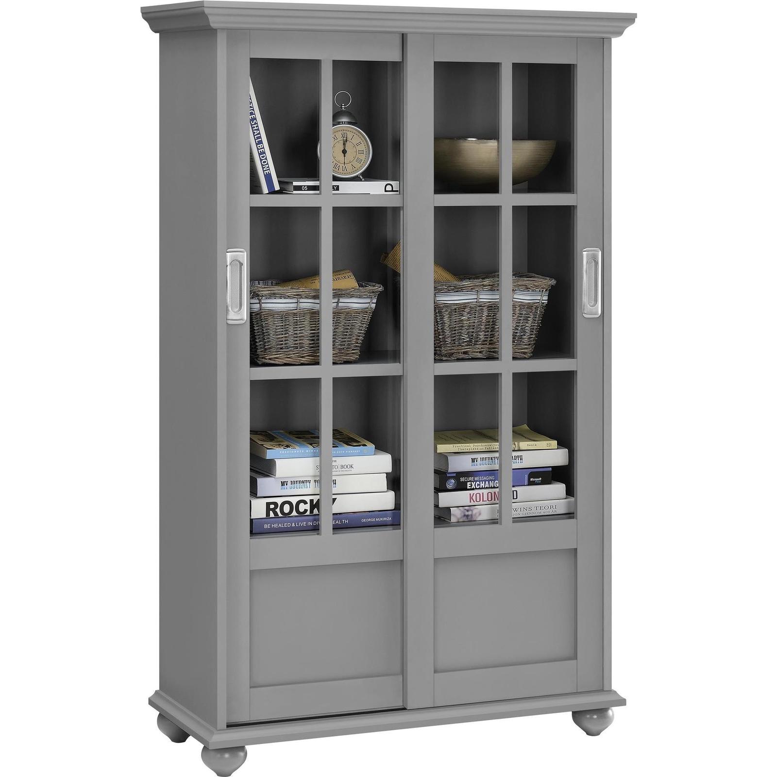 Sliding Door Bookcase Book Case Grey Display Storage