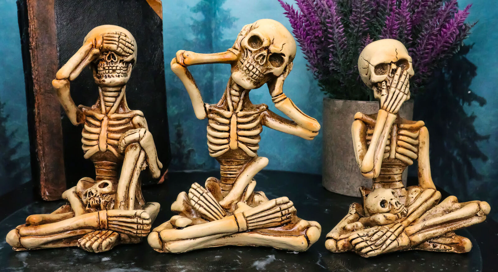 Gothic Necromancy Magic See Hear Speak No Evil Bony Skeleton Figurines Set Of 3