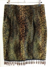 MIKAI Golden Tan/Black Animal Print Faux Fur Pencil Skirt w/ Beaded Frin... - $19.50