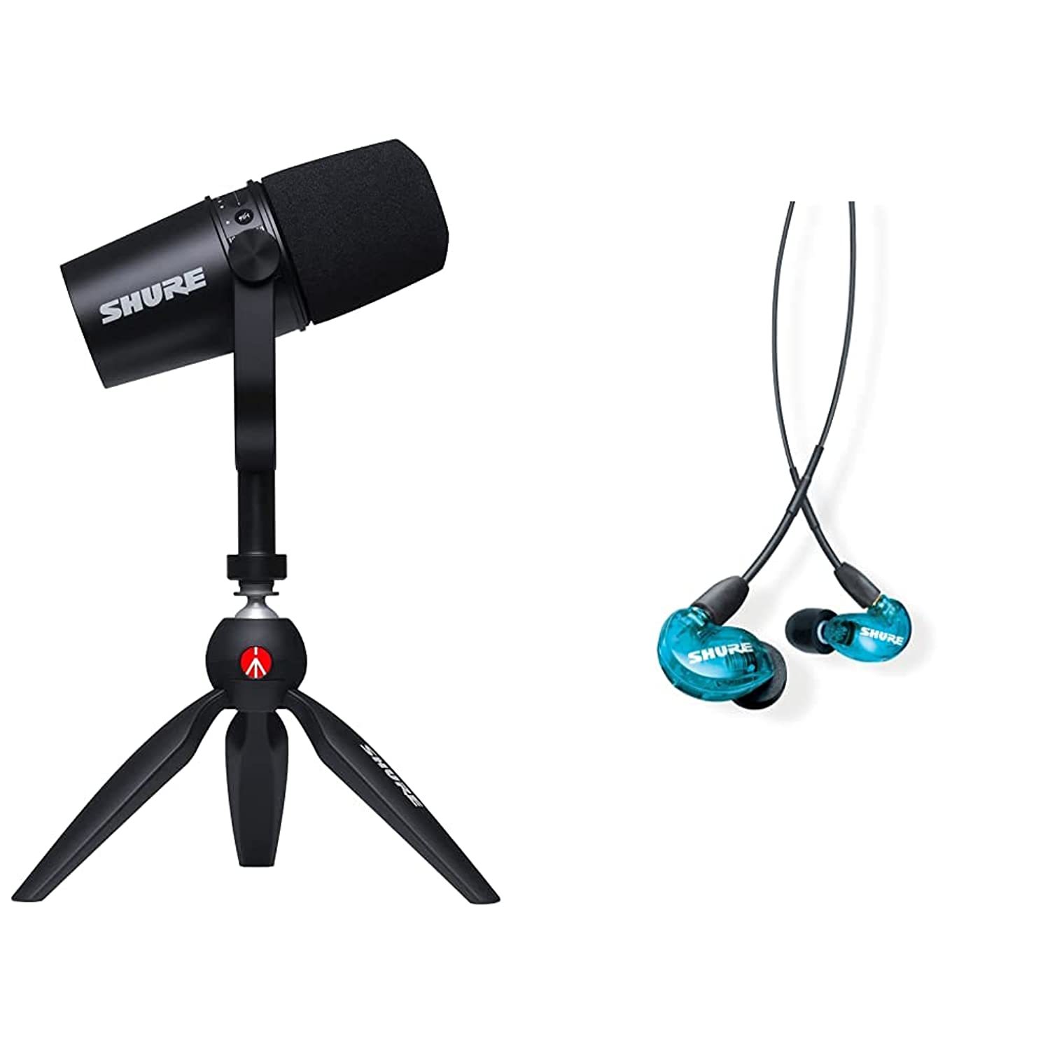 Shure MV7 USB/XLR Dynamic Microphone with Tripod + SE215 Professional in-Ear Hea