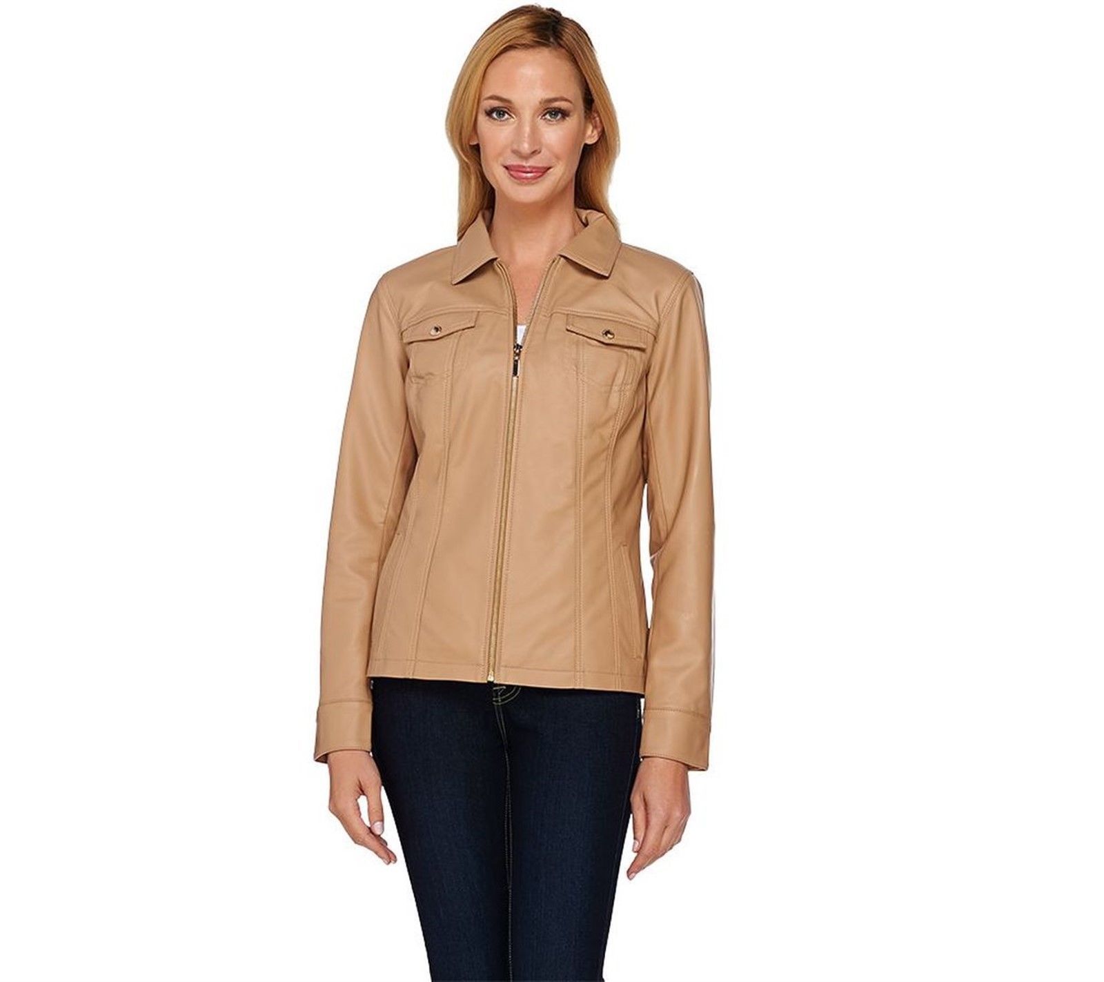 Dennis Basso Faux Leather Zip Front Jacket with Seam Detail, Camel ...