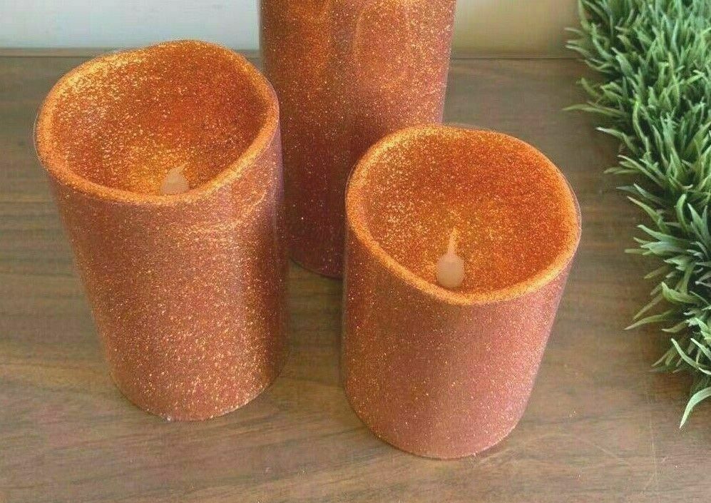 2pcs Orange Glitter Flameless Battery Operated Pillar Candle 6'' Candles