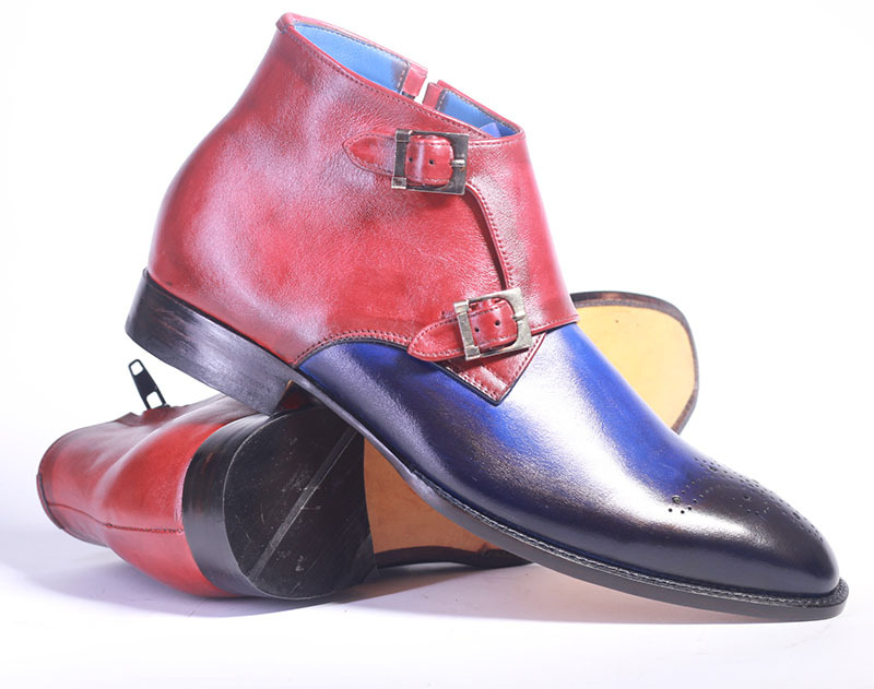 Handmade Leather Multi Color Brogue Toe boot, Men Double Monk Side & Zipper Boot