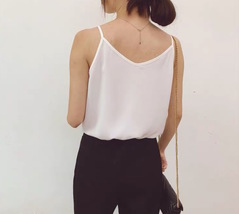 Women Sleeveless Strap Tank Top Camisole V Neck Chiffon Tanks Solid Loose Shirt  image 2