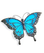 Butterfly Suncatcher 17&quot; Blue Glass Metal Hanging Wall Plaque Home Garde... - $42.56
