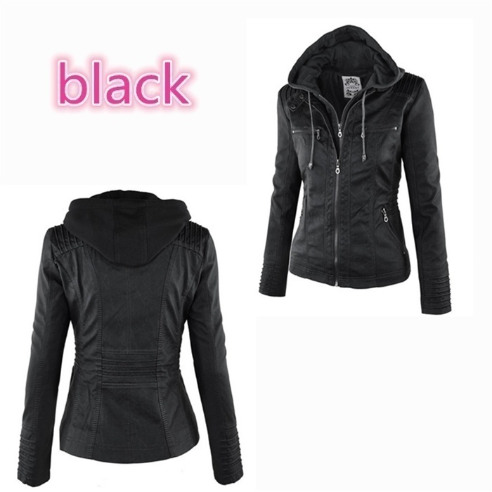 Apricot New Fashion Women Slim Removable Hooded Leather Jackets