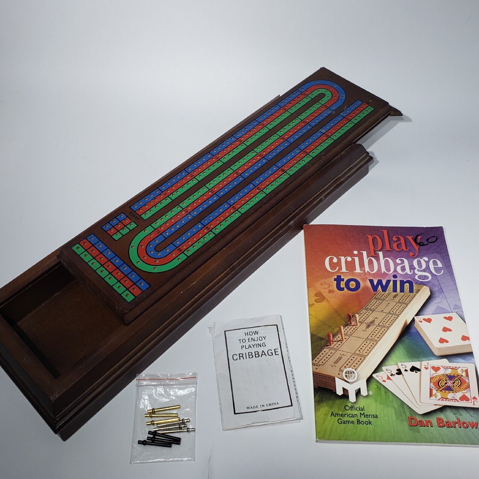 3 Hand Cribbage Board Wood 9 Metal Pegs Sliding Storage Dan Barlow Book ...