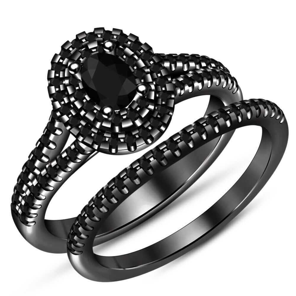Ct Oval Round Black Diamond Women S Bridal Wedding Ring Set K Black Gold Fn Diamonds