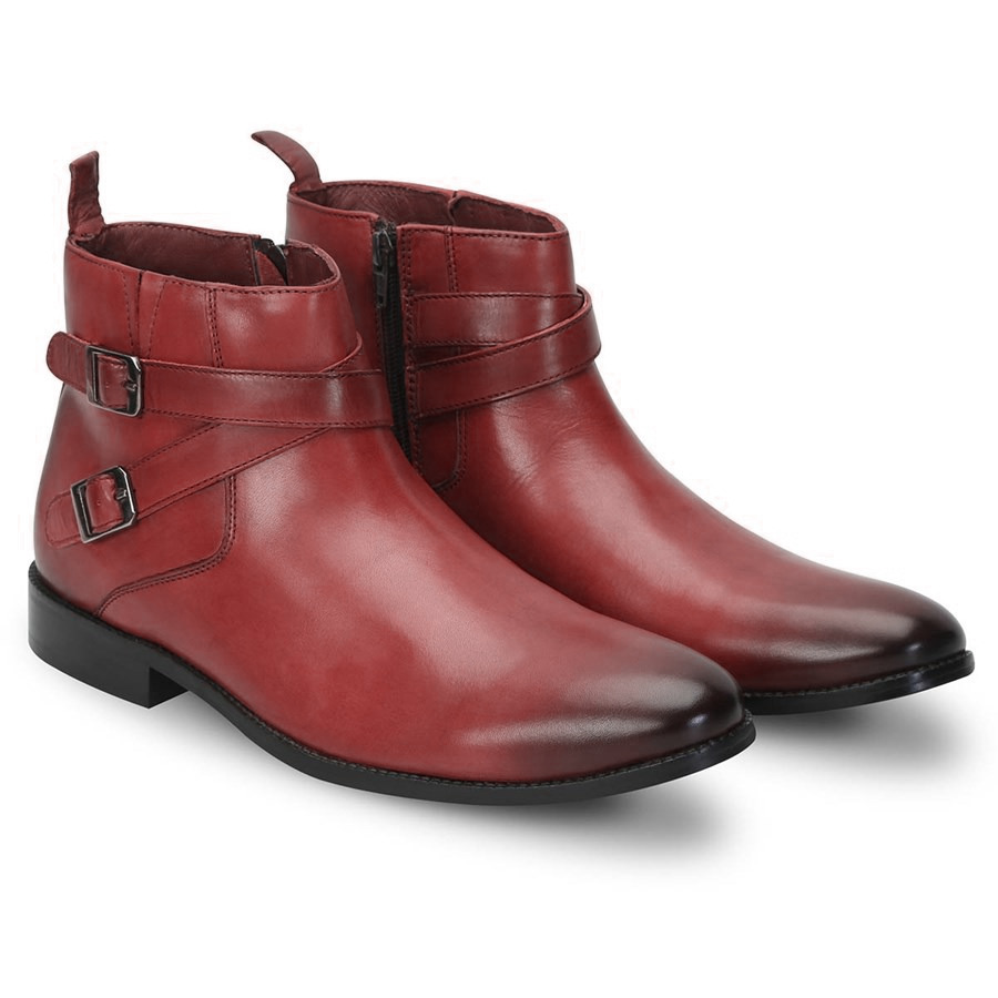 Handmade - Genuine leather maroon double rounded buckle straps jodhpur high ankle men boots