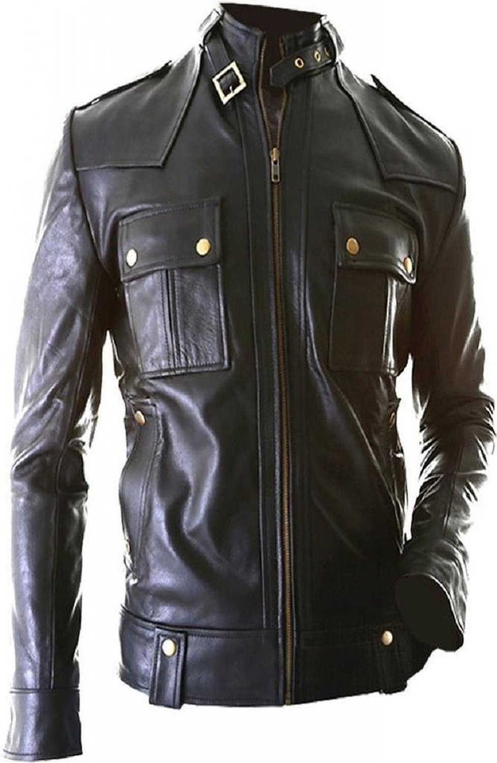 Mens Motorcycle Leather Jacket Black Belt Epaulets Style Leather Jacket Outerwear