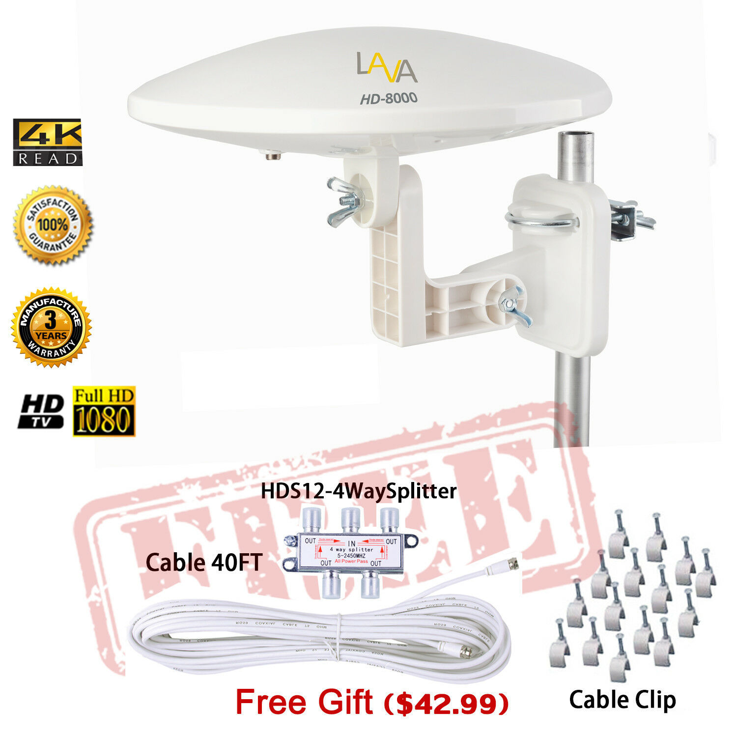 LAVA HD8000 Amplified Indoor/Outdoor Digital Antenna HDTV UHF/VHF/FM