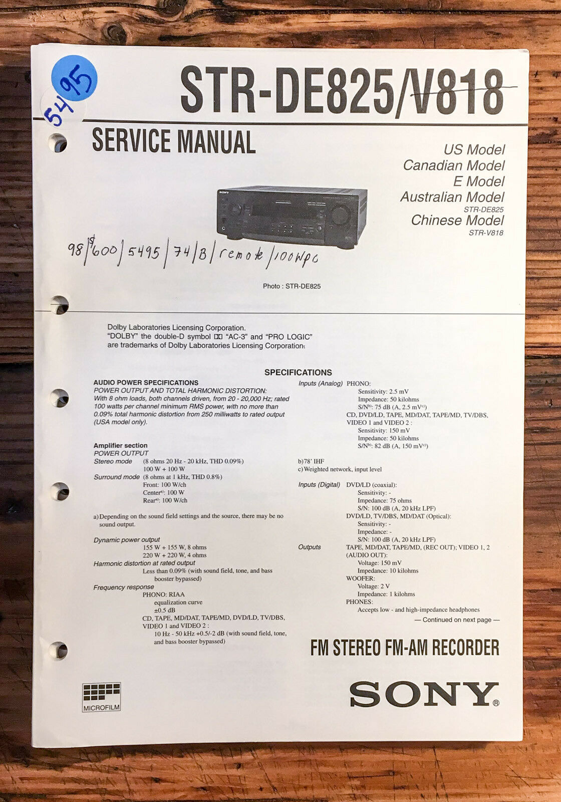 Sony STRDE825 STRV818 Receiver Service Manual *Original* Vintage