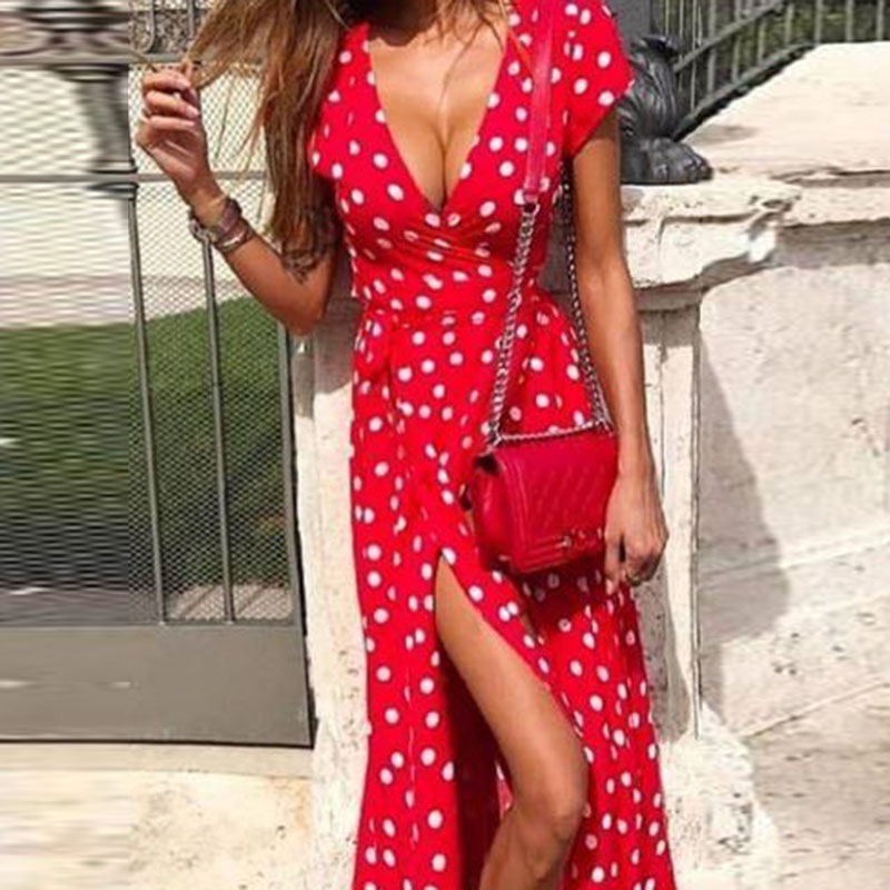 New red polka dot maxi summer wrap dress white sexy elegant long slit plus size