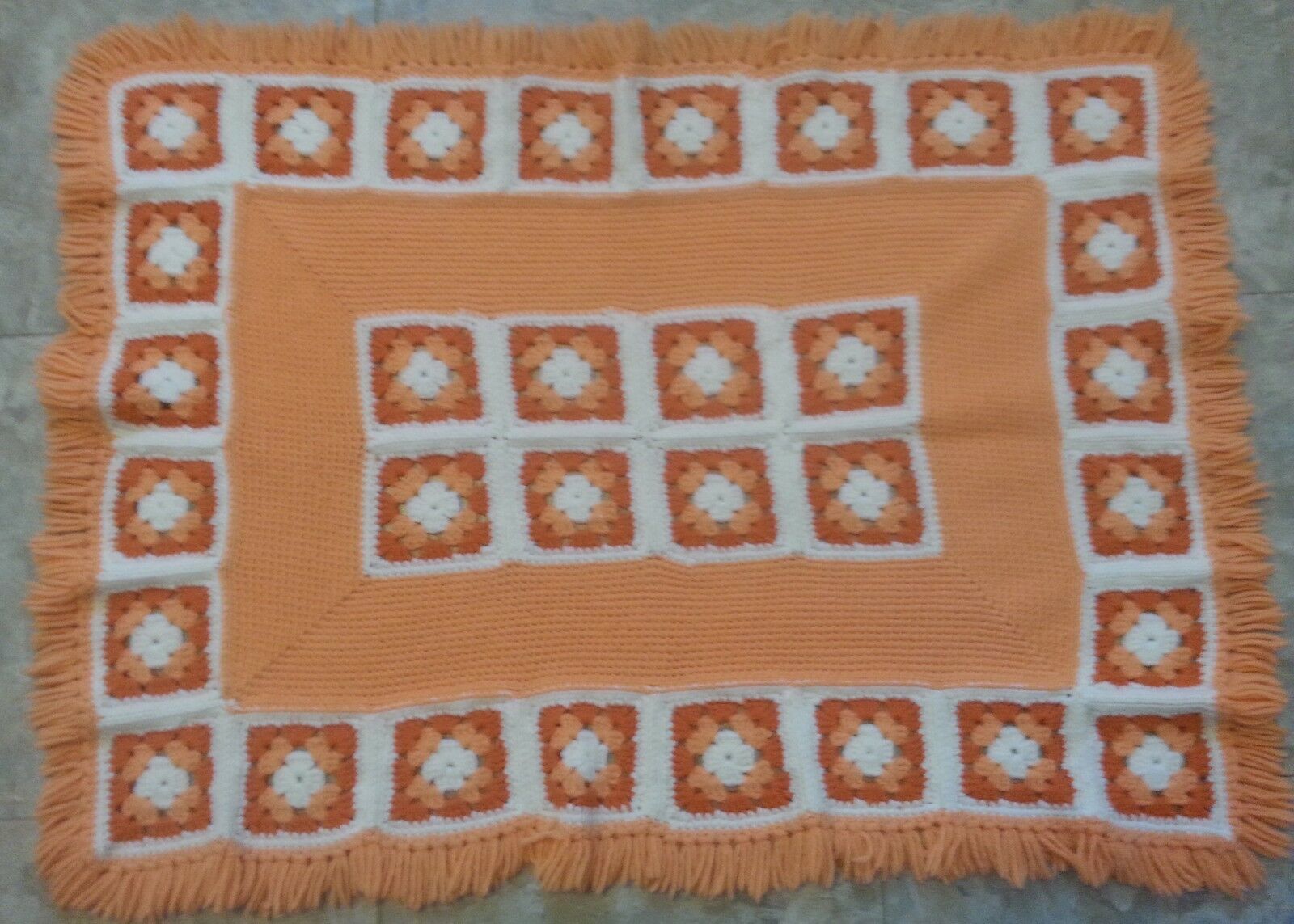 Primary image for Granny Square Squares Baby Blanket Throw Afghan 38 x 29 " Handmade Peach Orange