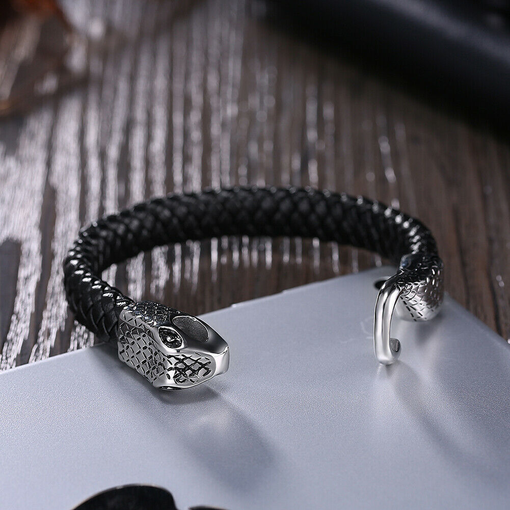 Men's Stainless Steel 8 Black Braided Leather Magnetic Nail Bracelet*BOX