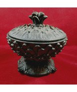 Wooden Pedestal Bowl With Lid Black Carved Leaves 5 in Tall 4.5 Diameter - $60.76
