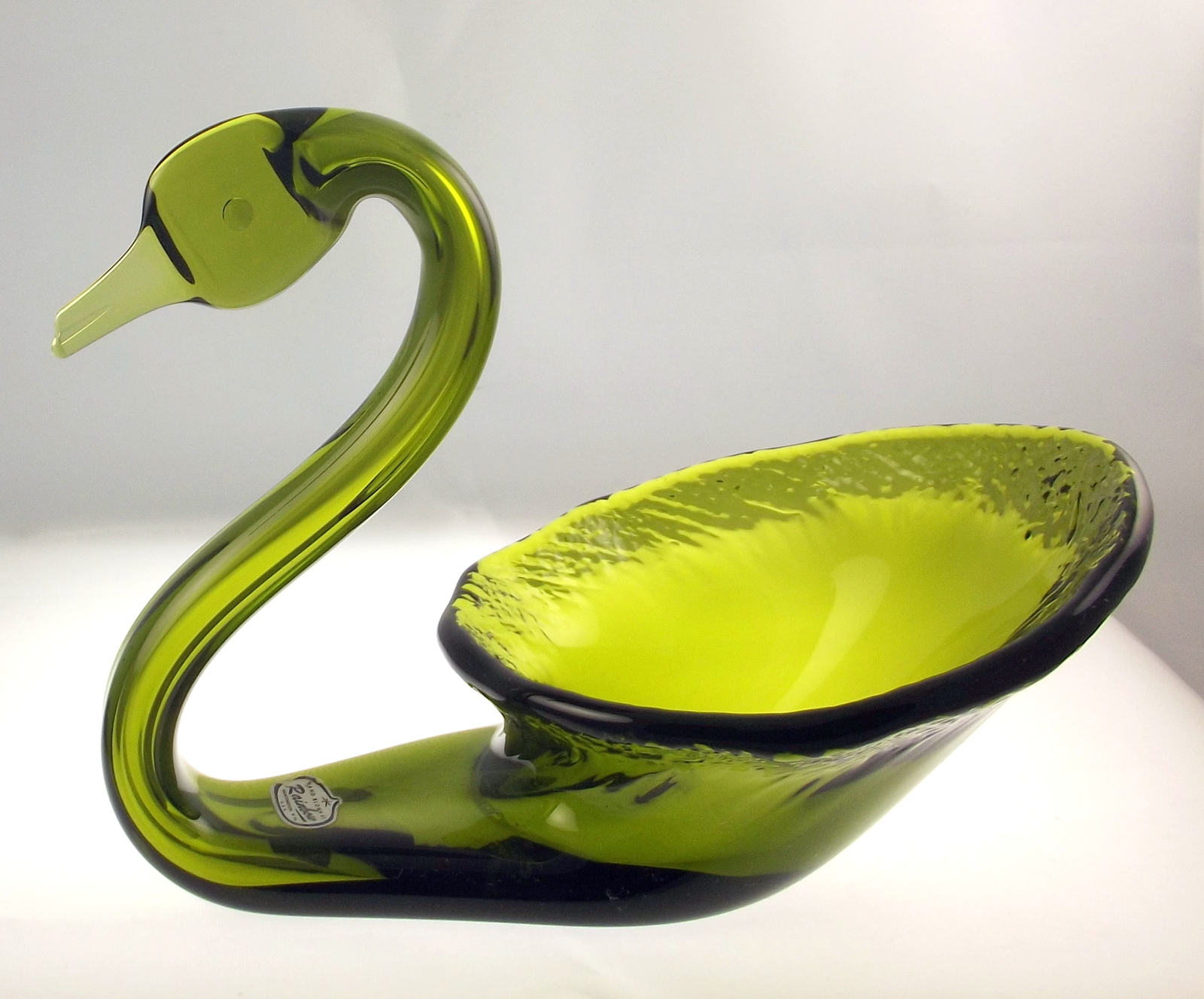 Vintage Rainbow Glass green swan candy dish bowl hand blown USA 1960s