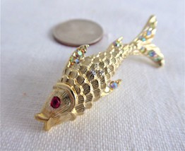Rhinestone Fish Pin 1960s Fish Brooch Figural Seaside Beach Gold Plated Gold Red - $20.00
