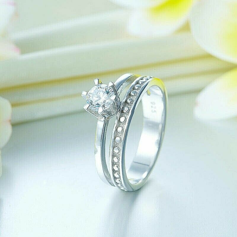 5mm Solitaire Double Band Wedding Engagement Ring Set Attachable 14k Gold Finish