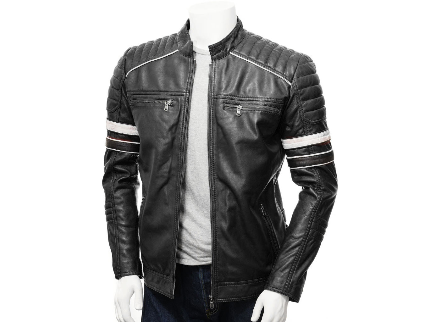 Black Leather Jacket Mens White Strips Men S Biker Black Leather Jacket Mens White Strips Men S Biker Fashion Outerwear