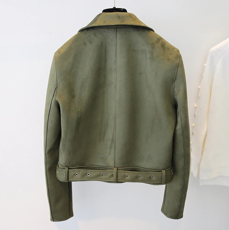 New olive green faux suede motorcycle women jacket moto zipper biker