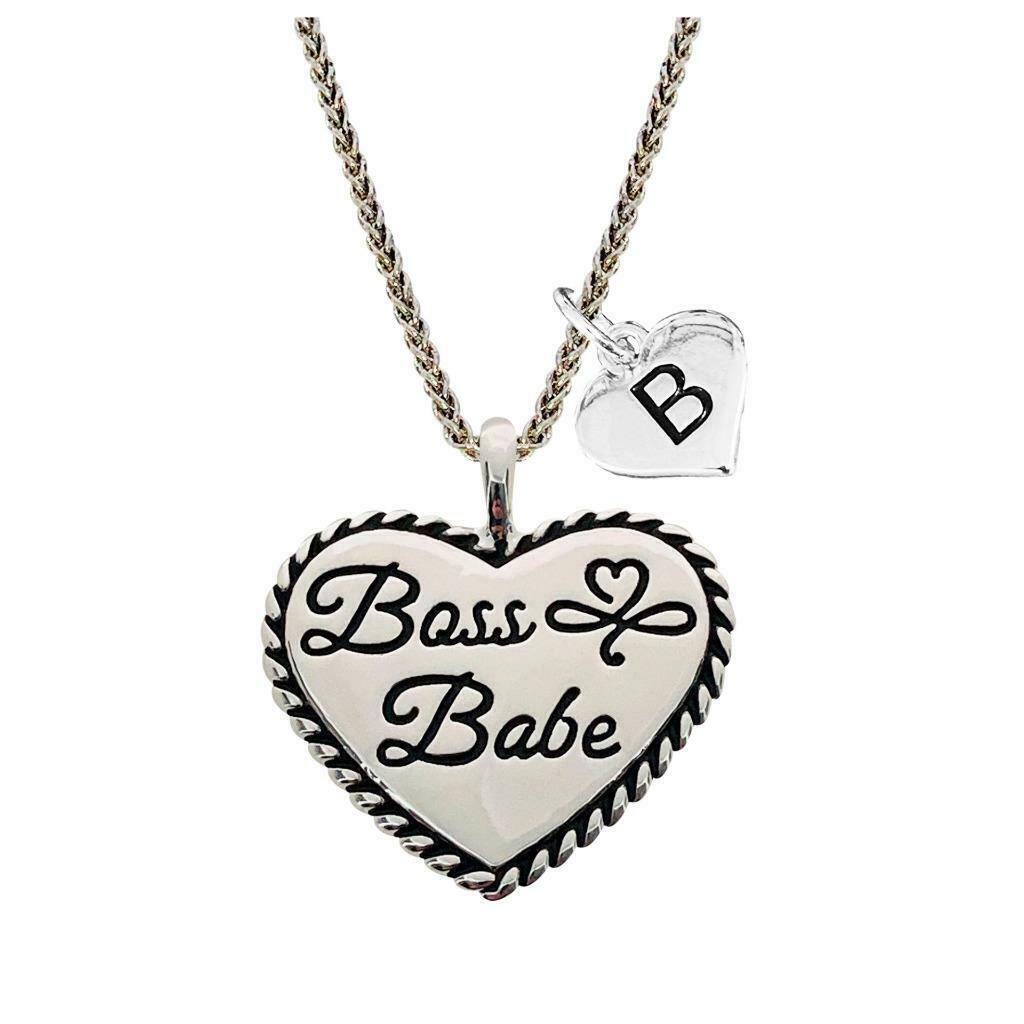 Custom Boss Babe Empowerment Silver Heart Necklace Jewelry Choose Initial