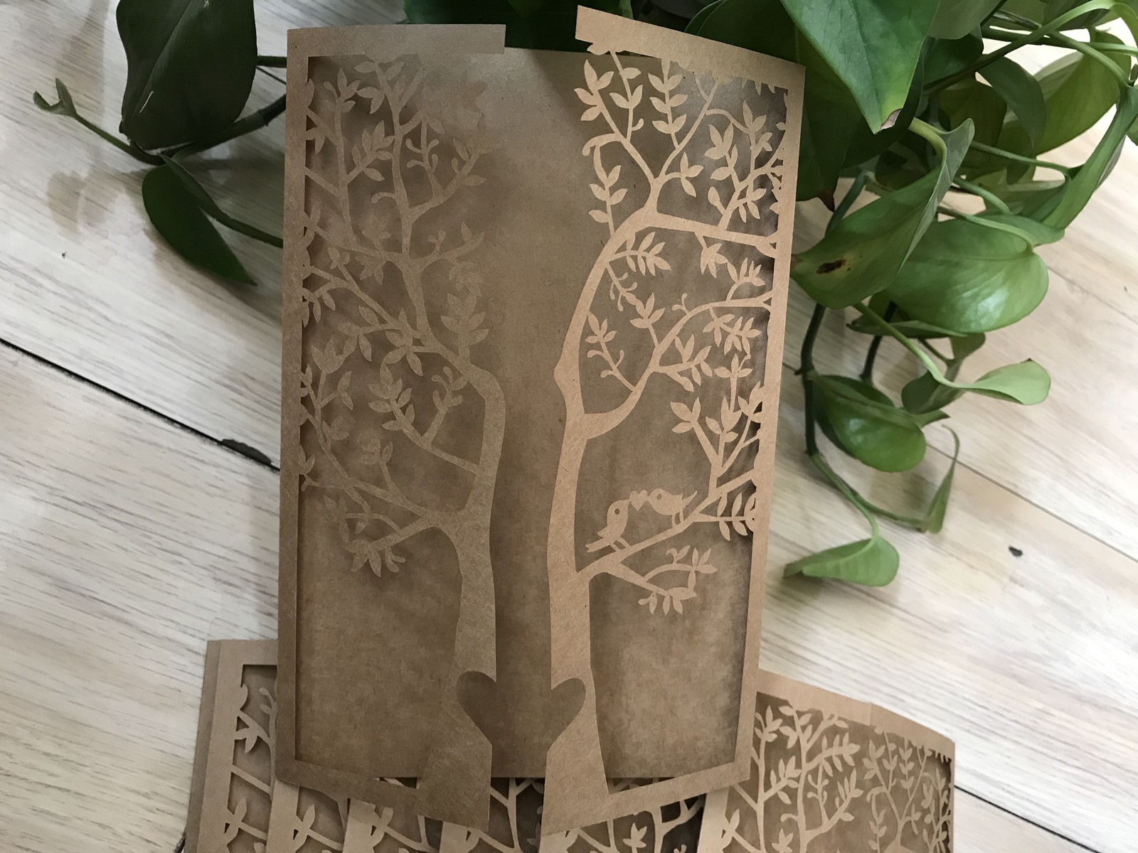 Tree Kraft Paper Brown Invitation,Laser Cut Wedding Cards,50pcs Invitation Cards