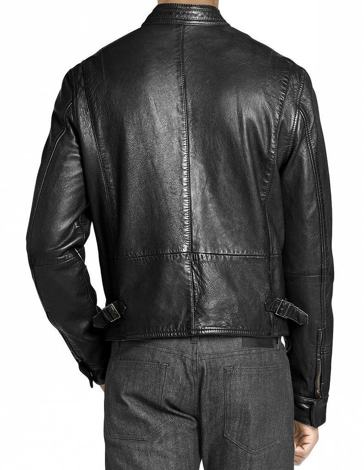 Mens Motocycle Leather Jacket Black Pockets Style Belt Adjustable ...
