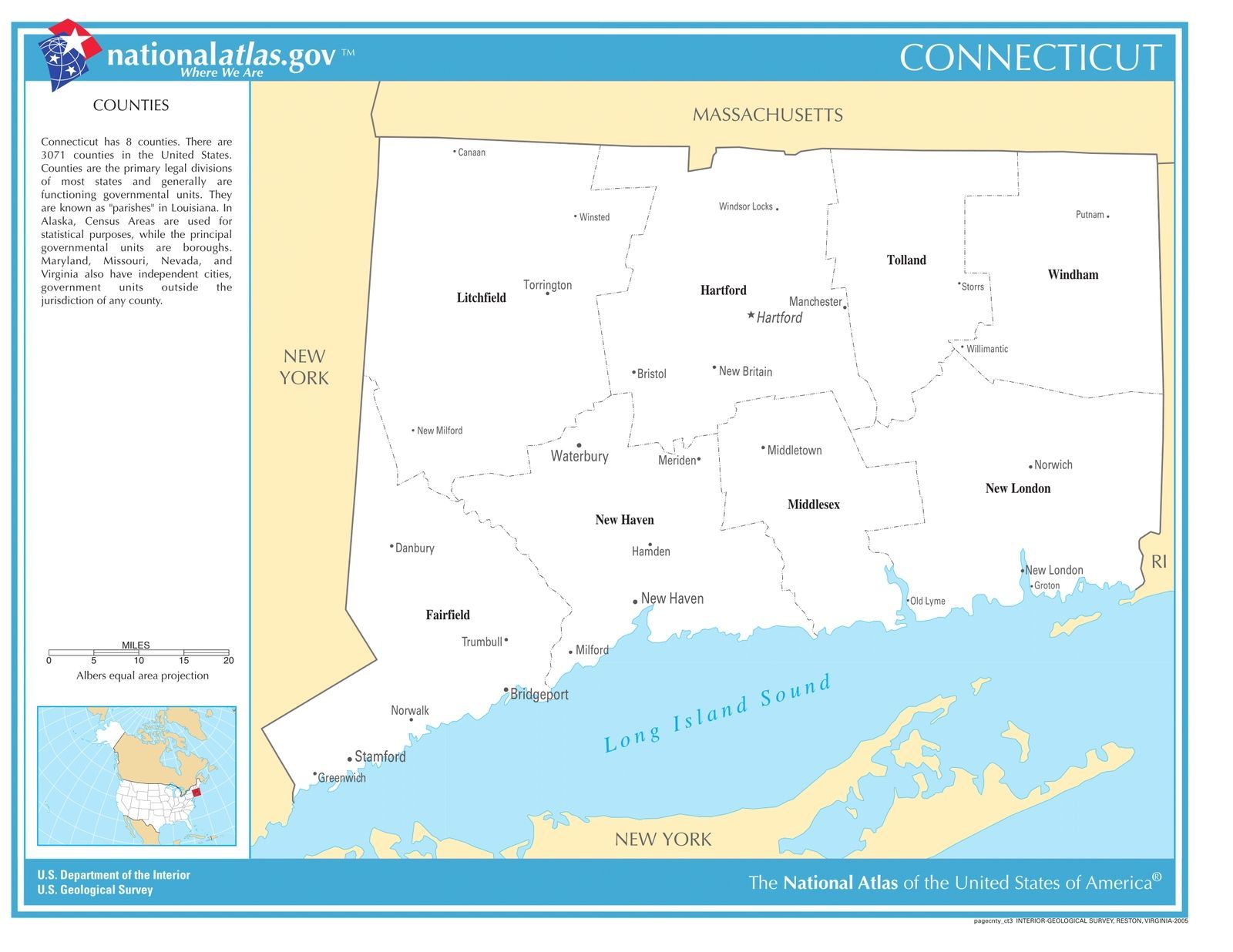 Connecticut State Counties W Cities Laminated Wall Map - Us