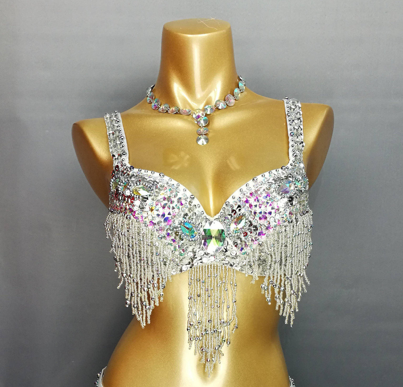 FREE SHIPPING Hand Beaded Belly Dancing Samba Costume silver color bra only 1 pc