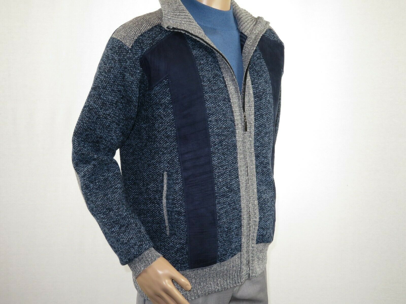 Download Men Inserch Sweater Jacket Mock neck Zipper up Micro Suede Fleece Trim 440 Denim