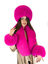 Fox Fur Stole 55' + Beanie Fur Hat & Wristbands Saga Furs Fuschia Pink Color Set image 1
