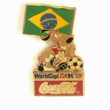 Coca Cola Brazil World Cup 1994 Lapel Pin Flag Striker the Dog Soccer Ball - $13.99