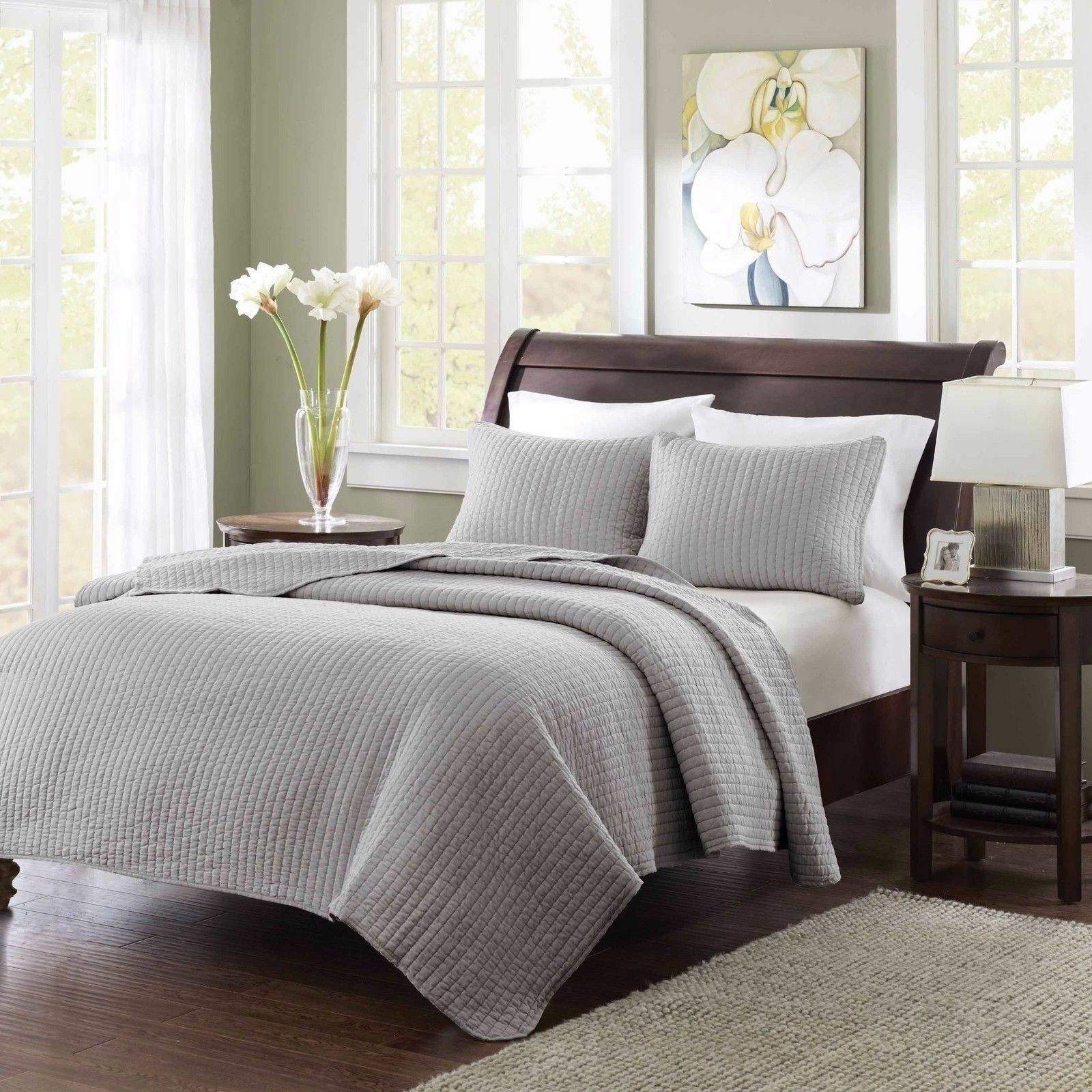 Twin XL Full Queen King Size Bed Solid Gray Grey 3 pc Quilt Set ...