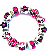 NEW ANGELA MOORE MUSIC NOTE DESIGN PINK BROWN WHITE BRACELET SILVER SPACERS - $29.69
