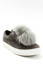 Here/Now Womens Fox Fur pom Low Top Platform Slip On Sneakers Gray Suede... - $89.00