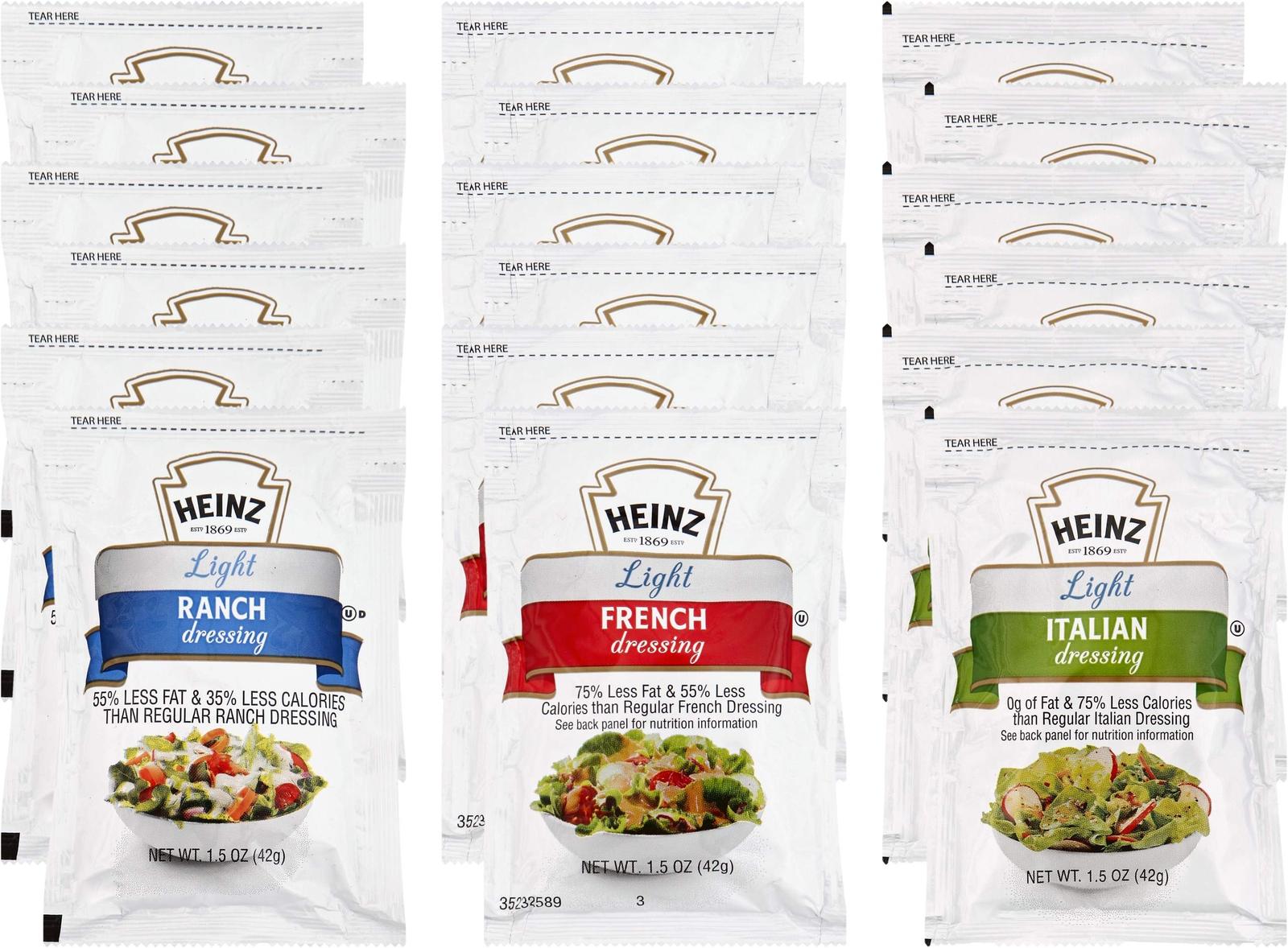 Heinz Light Salad Dressing Variety 18 Single Serve Packets 6 of Each
