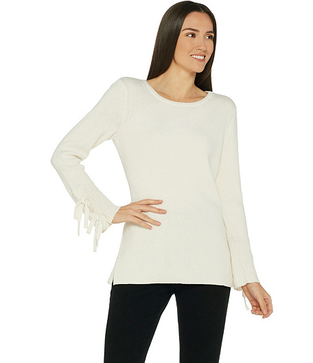 Belle by Kim Gravel Chunky Sweater with Sleeve Tie, Ivory, L - Sweaters