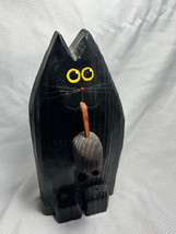  Primitive Folk Art Surprised Black Cat With Mouse Solid Hand Carved Woo... - $39.95