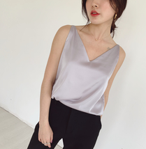 Silver Blue White Sleeveless Chiffon Tank V-Neck Sleeveless Chiffon Casual Tops image 2