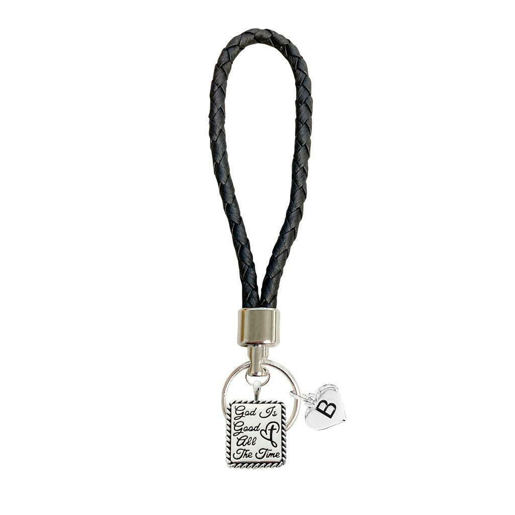 Custom God is Good all the Time Silver Black Leather Key Chain Choose Initial