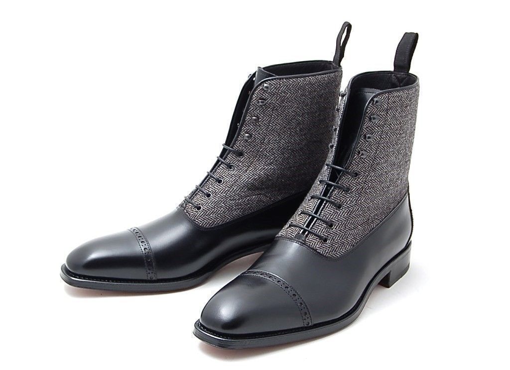 Black Cap Toe High Ankle Genuine Leather Tweed Lace Up Stylish Men Boots