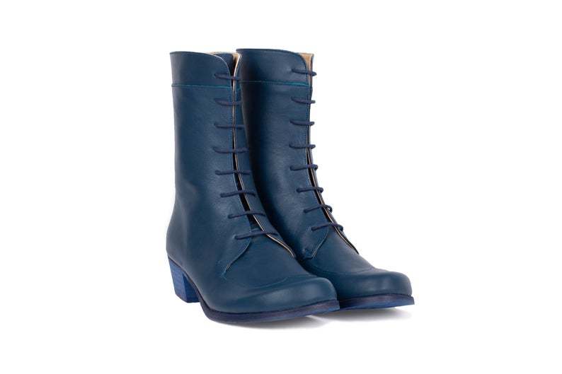 Made To Order Women Blue Derby Plain Toe Low Heel Wide Mid Calf Combat Boots