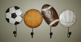 Sports Metal Wall Plaque w 4 Hooks Football Soccer Basketball Volleyball Balls