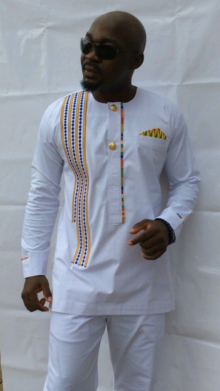 African Clothing. Odeneho Wear Men's White Polished Cotton Top And Bottom 