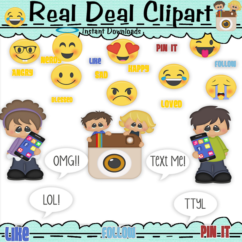 Social Media Clip Art - So Cute From Real Deal Clipart. If you use social media of any kind this is a must have clipart. Commercial or personal use clip art set perfect for card making, scrapbooking, craft projects, diy birthday invitations and party favors it's unlimited what you can do.