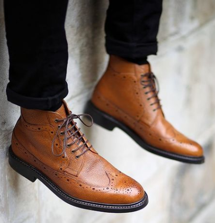 Men's Full Brogue Toe Wing Tip Brown High Ankle Genuine Leather Laceup Boots